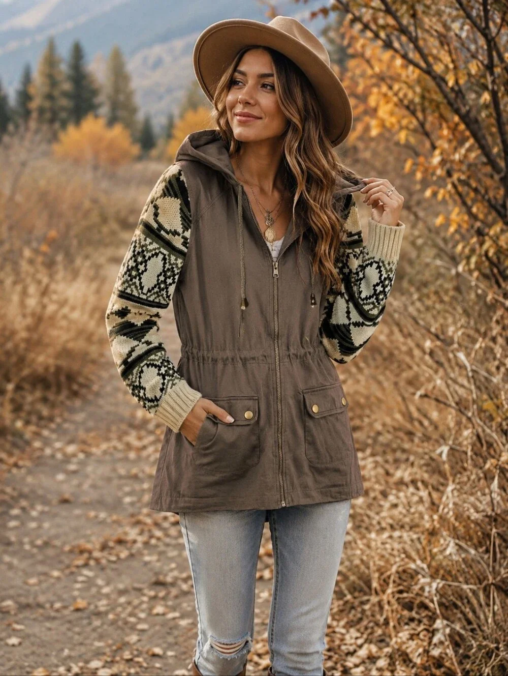 Skies Are Blue Women’s Utility Sweater Jacket Medium Brown Hooded Zip-Up Pockets